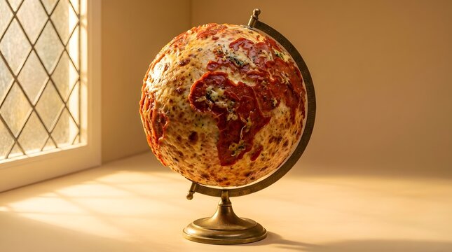 World Map Globe Featuring Mars Surface Texture on Wooden Table Near Window with Natural Light