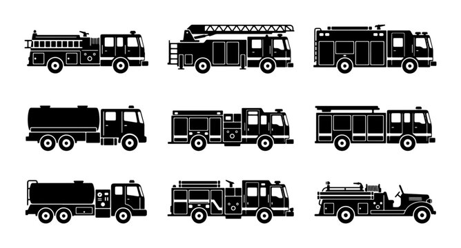 Fire Truck Icons Set, Emergency Vehicle Vector Collection, Firefighting Apparatus Silhouettes, Rescue Service Transportation Graphics