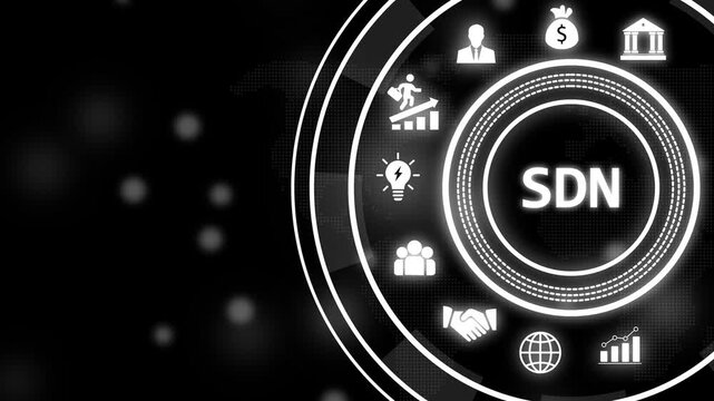 Software defined networking sdn technology concept with digital hud interface featuring business growth and global connectivity symbols for modern enterprise network infrastructure solutions and it