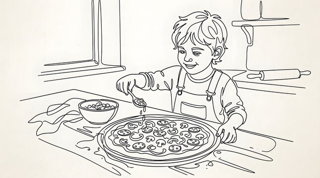 Young Boy Making Pizza in Kitchen with Happy Expression and Cooking Equipment