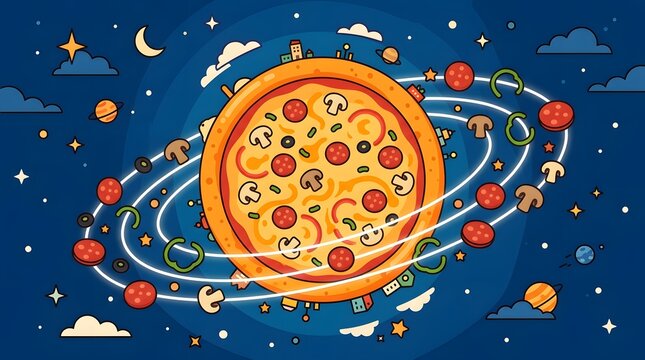 Cartoon Pizza with Toppings Floating in Space Surrounded by Celestial Objects and Stars