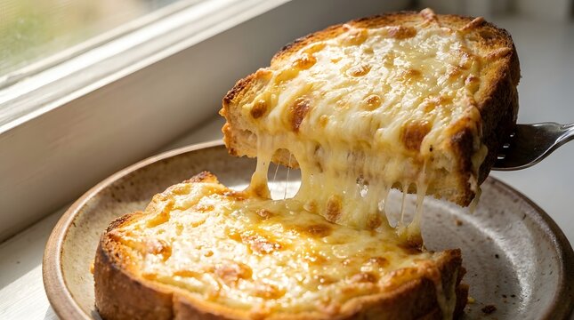 Cheesy Baked Bread with Melted Cheese on a Ceramic Plate Near a Window