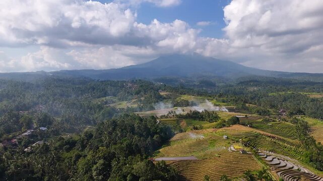 Drone flying forwards over forests and ricefields with a vulcano in the background in 4k