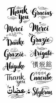 Multilingual expressions of gratitude in decorative script.
