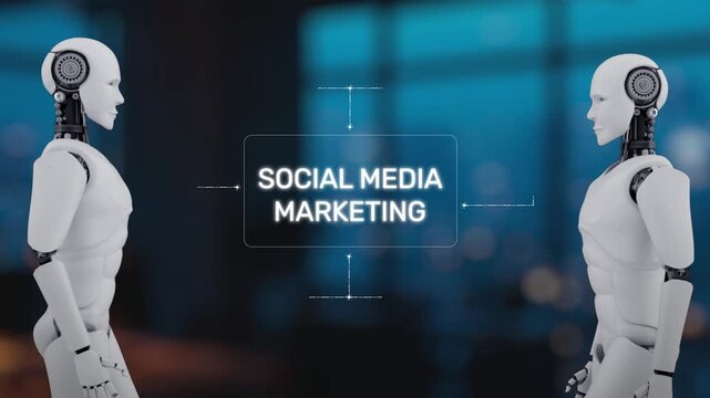Two humanoid robots engage in a futuristic discussion about social media marketing, showcasing digital icons and graphics that represent engagement and analytics in a modern setting. Synapse