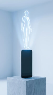 Luminous human figure floating above dark monolith on concrete pedestal, creating futuristic and mysterious gallery scene
