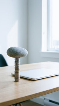 Stone paperweight beside laptop on wooden desk near bright window, creating calm minimalist workspace with natural light and quiet focus