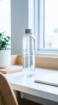 Transparent glass bottle on clean desk beside potted plant and bright window, creating calm modern workspace atmosphere