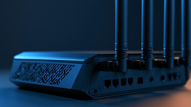 Modern wireless internet router with multiple antennas for high speed connectivity.