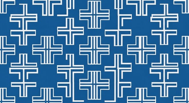 Blue and white geometric pattern of interlocking symbols