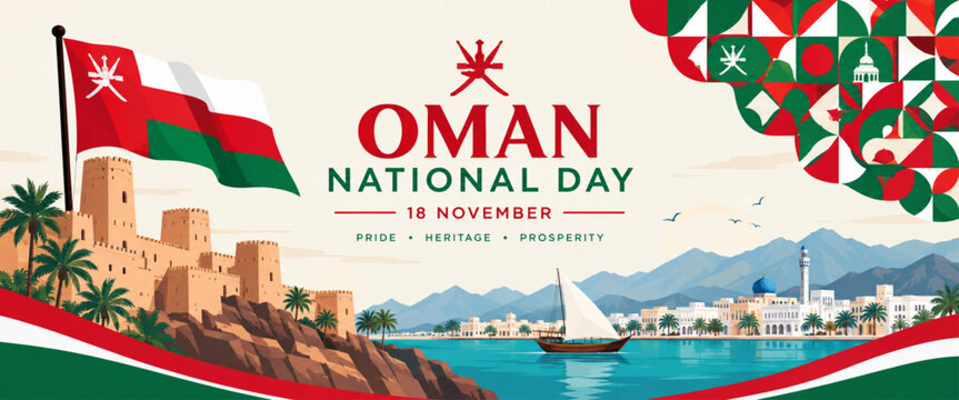 Oman National Day 18 November Banner with Flag, Fort and Muscat Waterfront