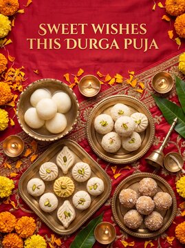Overhead Durga Puja sweets flat lay with rasgulla, sandesh and festive typography for traditional Bengali food greeting card
