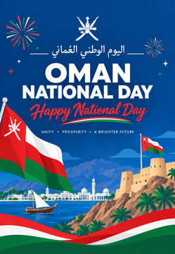 Oman National Day Banner with Flag, Arabic Calligraphy and Muscat Landmark