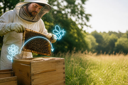 Beekeeper Lifting Hive Frame with Pollination Hologram