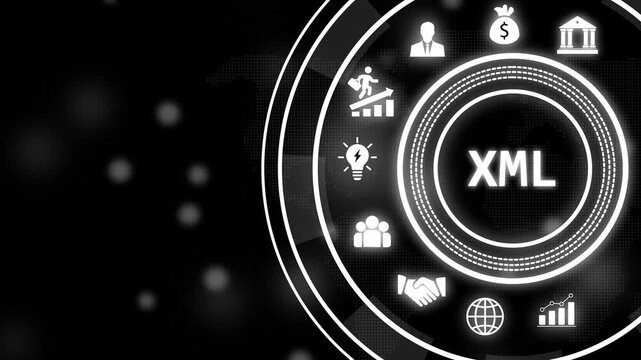 Advanced xml programming and data exchange technology concept featuring a futuristic digital interface with glowing business network connectivity symbols, and software development