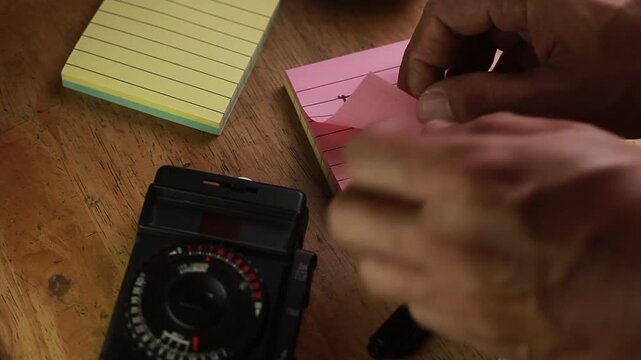 Video of hand writing photography related words on a paper.