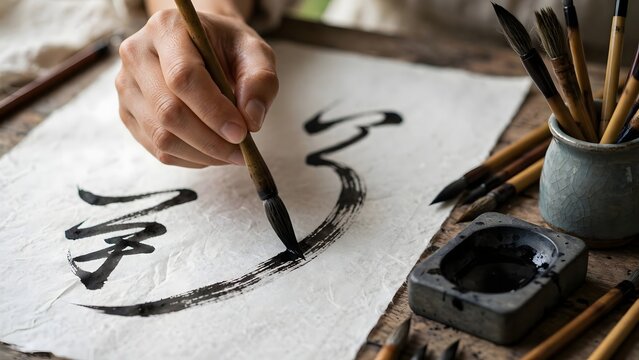 Close-up of traditional Chinese calligraphy practice using a brush and black ink