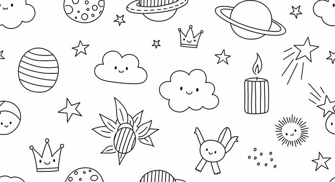 Cute doodle pattern of planets, clouds, stars, crowns, candle, sun, and alien for coloring.