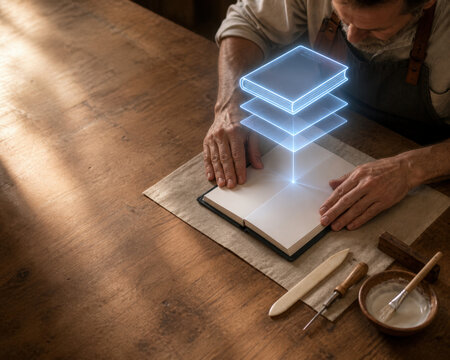 Bookbinder Pressing Blank Pages with Layer Hologram