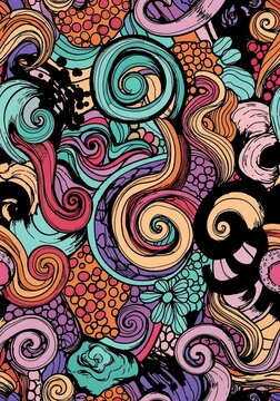 Vibrant psychedelic abstract pattern with swirling organic shapes and floral elements in bold colors.