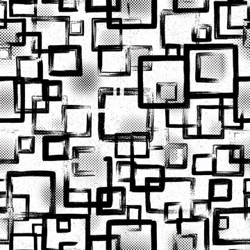 Textured black and white geometric pattern with overlapping squares and halftone effect.