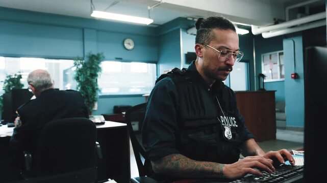 Police team in bullpen working on cases to solve crimes