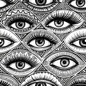 Intricate Eye Pattern, Black and White, Detailed Illustration, Abstract Design