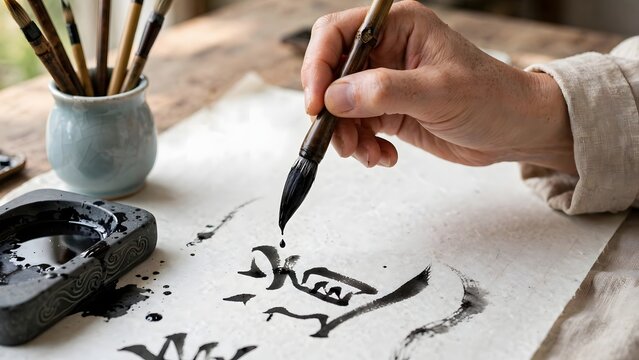 Detailed calligraphy tools and brushwork representing Chinese writing traditions