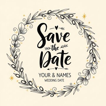 Elegant Floral Wreath "Save the Date" Announcement, Wedding Invitation Design, Romantic Celebration Graphic