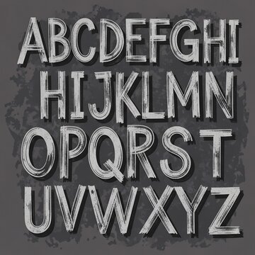 Distressed grunge alphabet, hand-drawn letters, vintage typeface, textured background, artistic font set.