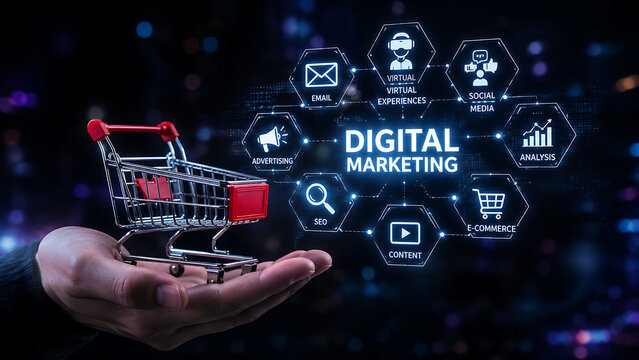 Digital marketing conceptual composition with shopping cart and technological icons representing online business growth strategies.