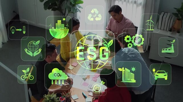 A diverse team engages in active discussions on ESG strategies, emphasizing sustainability and corporate responsibility in a modern office environment. Raster