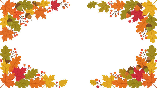 Autumn leaves corner frame border with fall foliage and acorns vector illustration