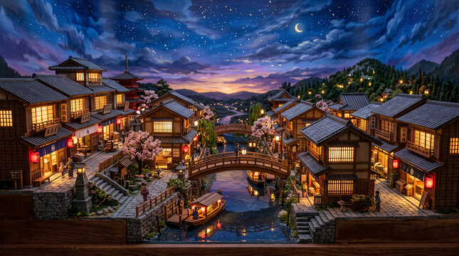 a detailed miniature diorama of a traditional Japanese canal village set at twilight