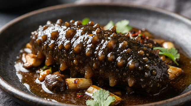 Braised sea cucumber served on a dark plate with aromatic sauce and fresh herbs.