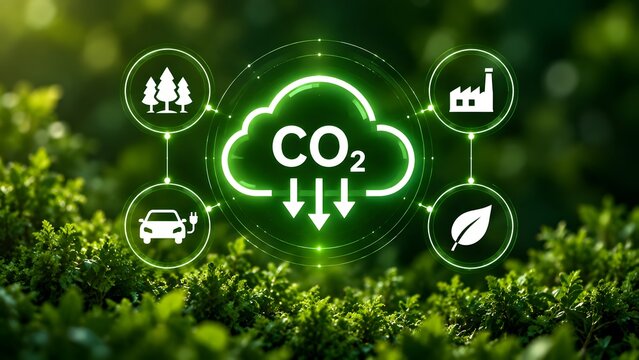 Carbon emission reduction concept featuring glowing green CO2 cloud with downward arrows representing net zero climate strategy and environmental protection