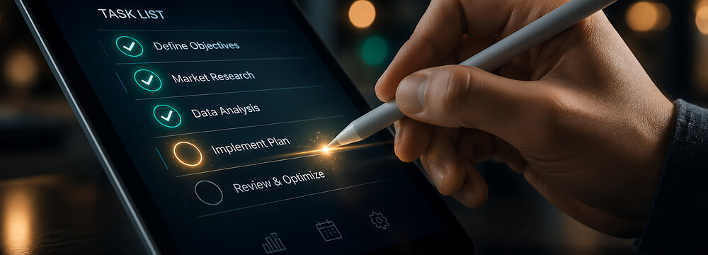 Task list management on digital tablet with stylus pen checking off project objectives.