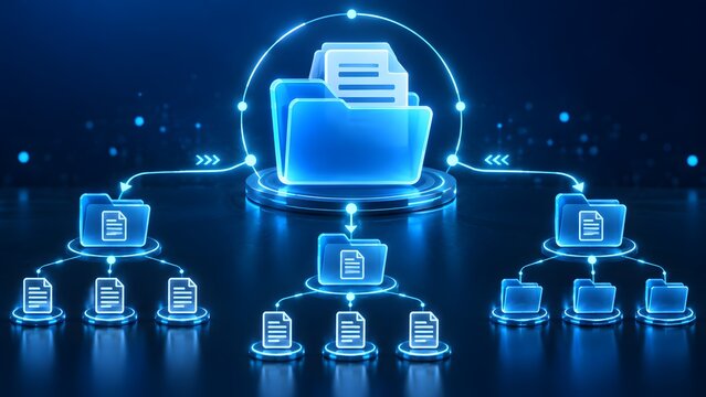 Abstract blue digital data management system with glowing folder icons and hierarchical network structure for cloud storage, database organization, and documentation concept.