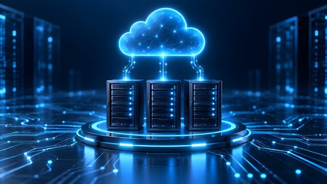 Cloud computing technology concept with glowing neon icon and server racks in futuristic datacenter environment representing digital storage.