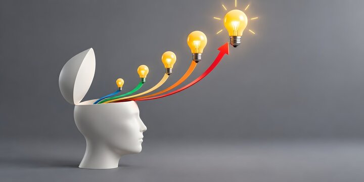 Conceptual human head with rising colored arrows and glowing light bulbs symbolizing creative growth, innovation, and mental development on gray background.
