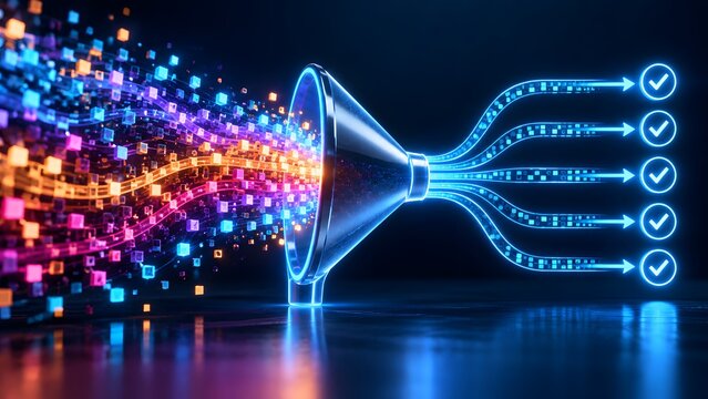 Conceptual digital illustration of chaotic big data entering a glowing funnel and emerging as organized streams with validated checkmark icons, representing AI processing and automation.