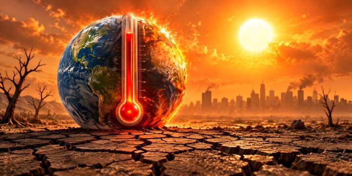 Global warming conceptual art showing Earth with a rising thermometer over a cracked desert and polluted city, symbolizing environmental crisis and climate change impact.