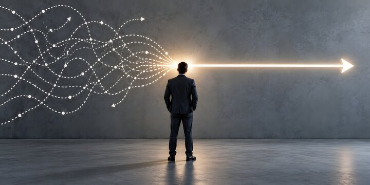 Businessman simplifies complex chaos into a clear strategic direction with a glowing arrow symbol on a concrete wall concept.