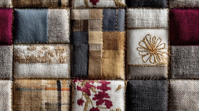 patchwork quilting fabric texture quilt pattern textile stitching square design elegant minimal composition gold thread detail soft material decorative craft handmade background