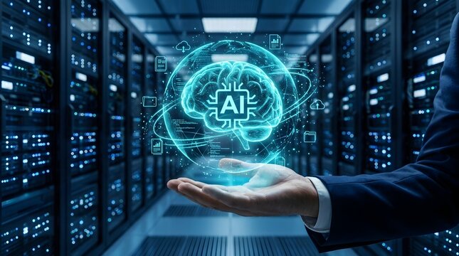 Futuristic AI hologram with digital brain and data icons floating over businessman hand in modern server room. High-tech artificial intelligence and machine learning concept for business.