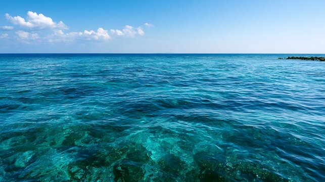 A serene tropical sea with clear turquoise water and gentle waves under a bright blue sky with scattered clouds