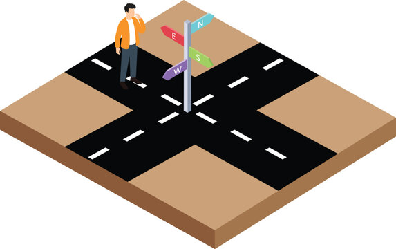 Isometric man standing at crossroad with direction signpost navigation
