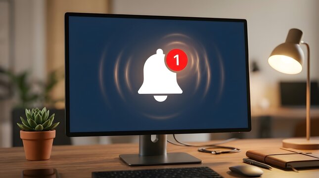 Modern desktop monitor on a wooden desk displaying a large white notification bell icon with a red alert badge in a warm home office setting with a lamp and plant.