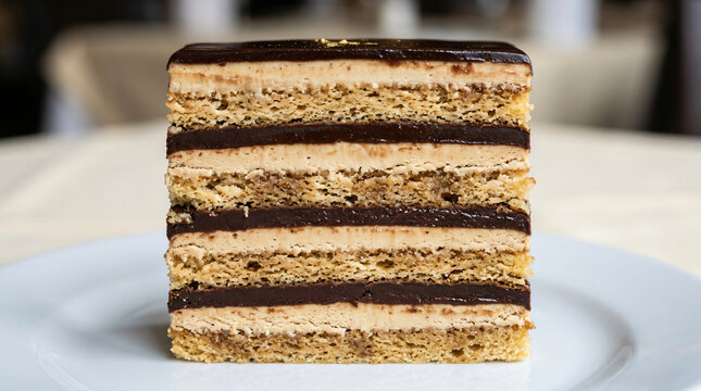 A delicious slice of layered opera cake served on a white plate.