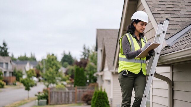 Building inspector performing a house inspection while standing on a ladder. Female hispanic technician writing roof evaluation checklist in suburban residential area.